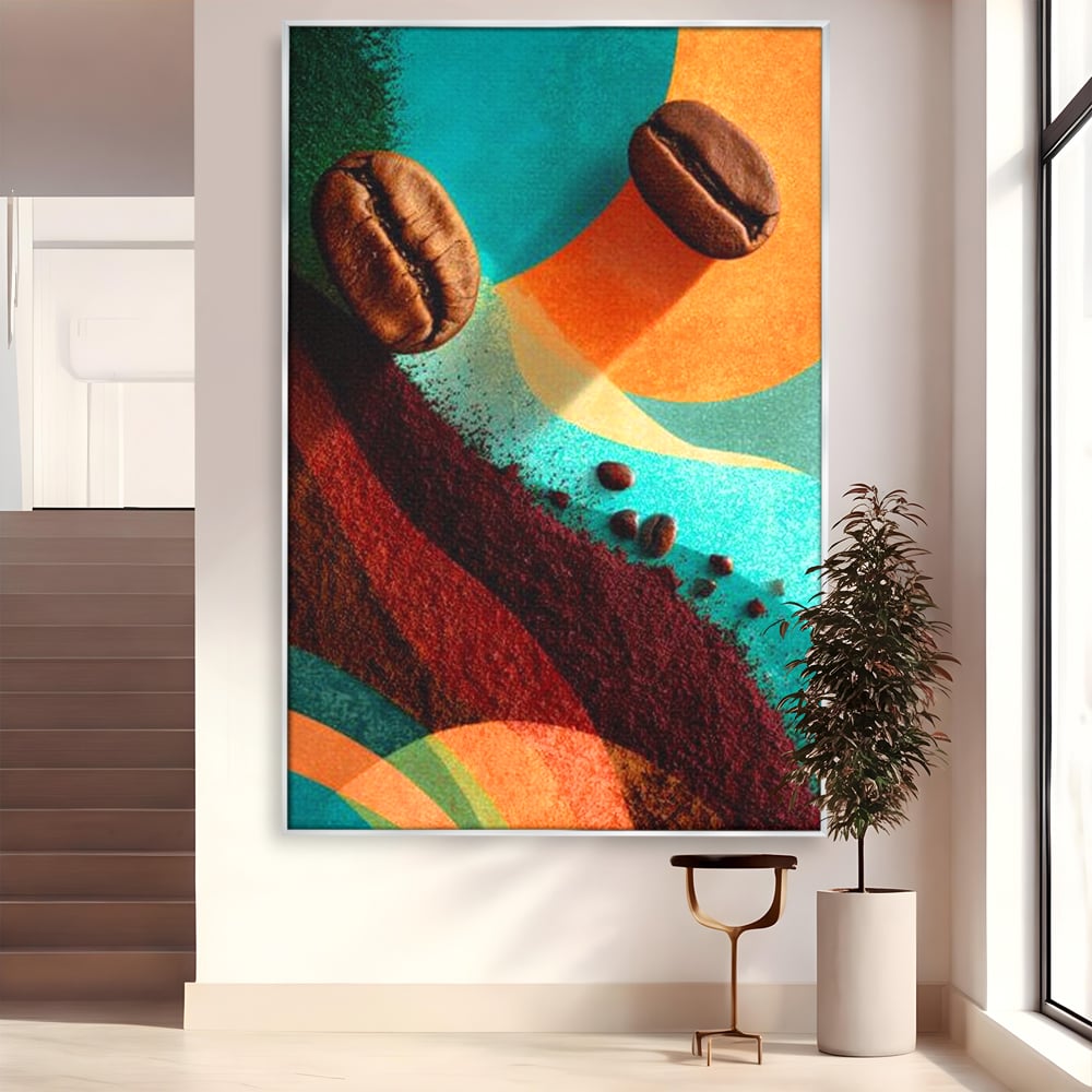 Tablou canvas cu tablou abstract cu boabe de cafea, in rama de aluminiu argintiu